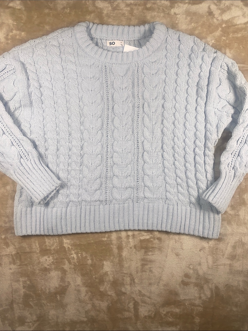 SO Pastel Blue Cable Knit Crewneck Sweater